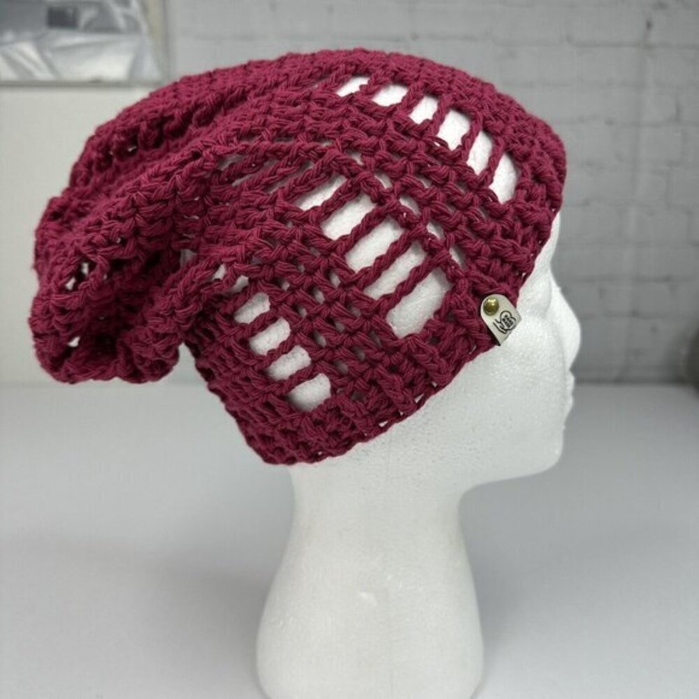 Created by Cyd Handmade Crochet‎ Slouchy Burgundy Open Knit Lattice Beanie NEW